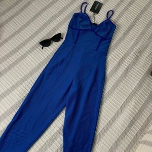 Blue rib plunge binding detail strapping jumpsuit